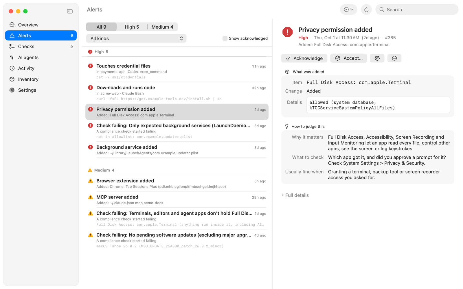 An alert for an app newly granted Full Disk Access