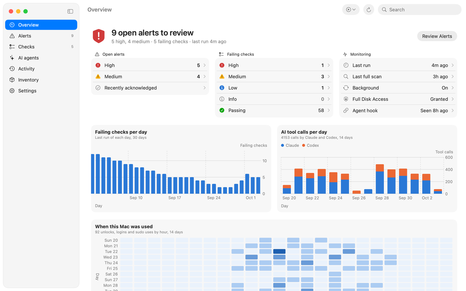 MacMon's Overview window showing open alerts, failing checks and recent activity