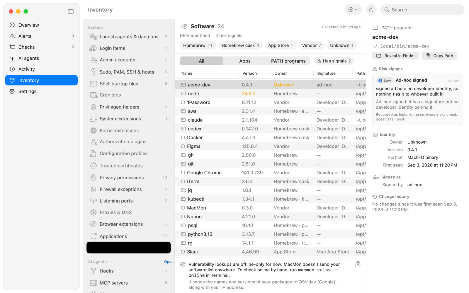 Inventory of installed apps and command-line tools with risk signals